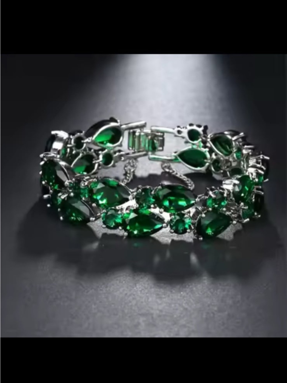 Emerald tear drop swarovski elements bracelet new with rhodium finish